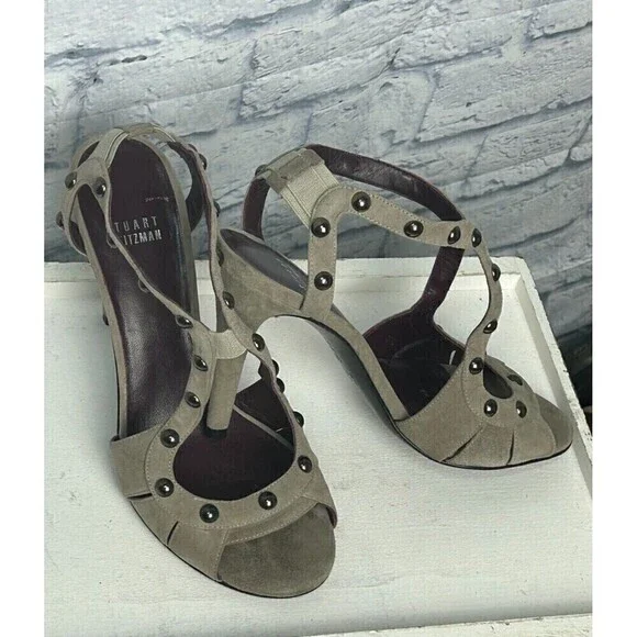 Stuart Weitzman Ratatat Women Suede Stud Sandal Taupe Sz 7.5 4inch Heel Boss Rck - Picture 3 of 12